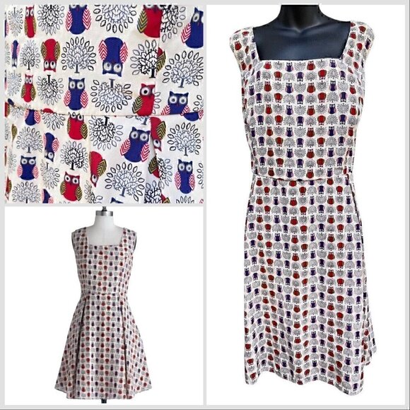 Owl Print Sleeveless Fit & Flare Midi Dress Back Tie Yellow Star Women’s 1X Plus - Picture 1 of 13